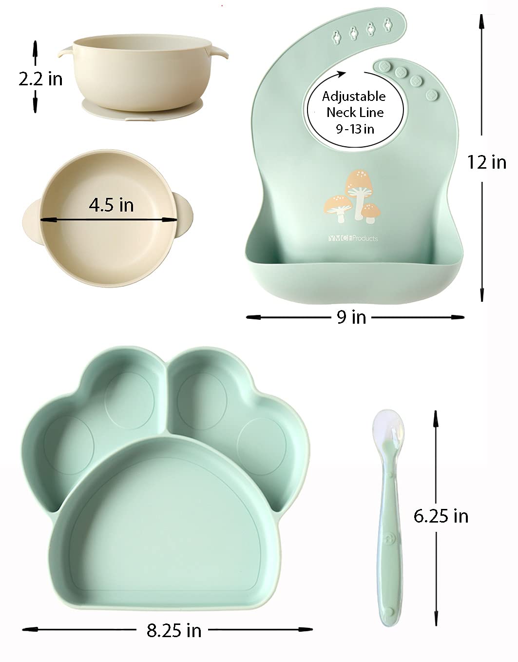 YMCF Products Baby or Toddler Feeding Set | Silicone Bib, Divided Plates, Suction Bowls & Spoons, Dishwasher-Safe, Easy-Wipe Cle