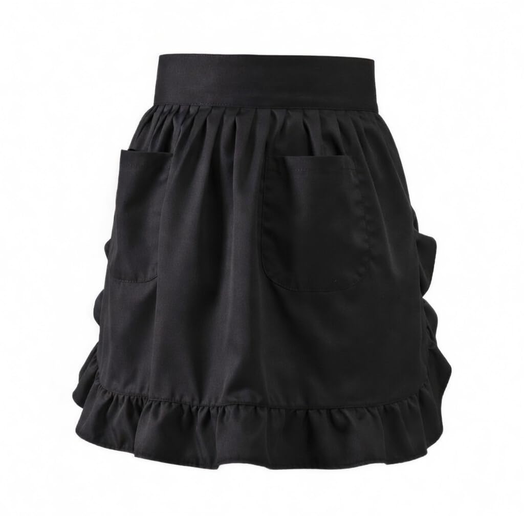 Lilments Waist Apron With Pockets Retro Kitchen Cleaning Ruffles Half Apron (Black)