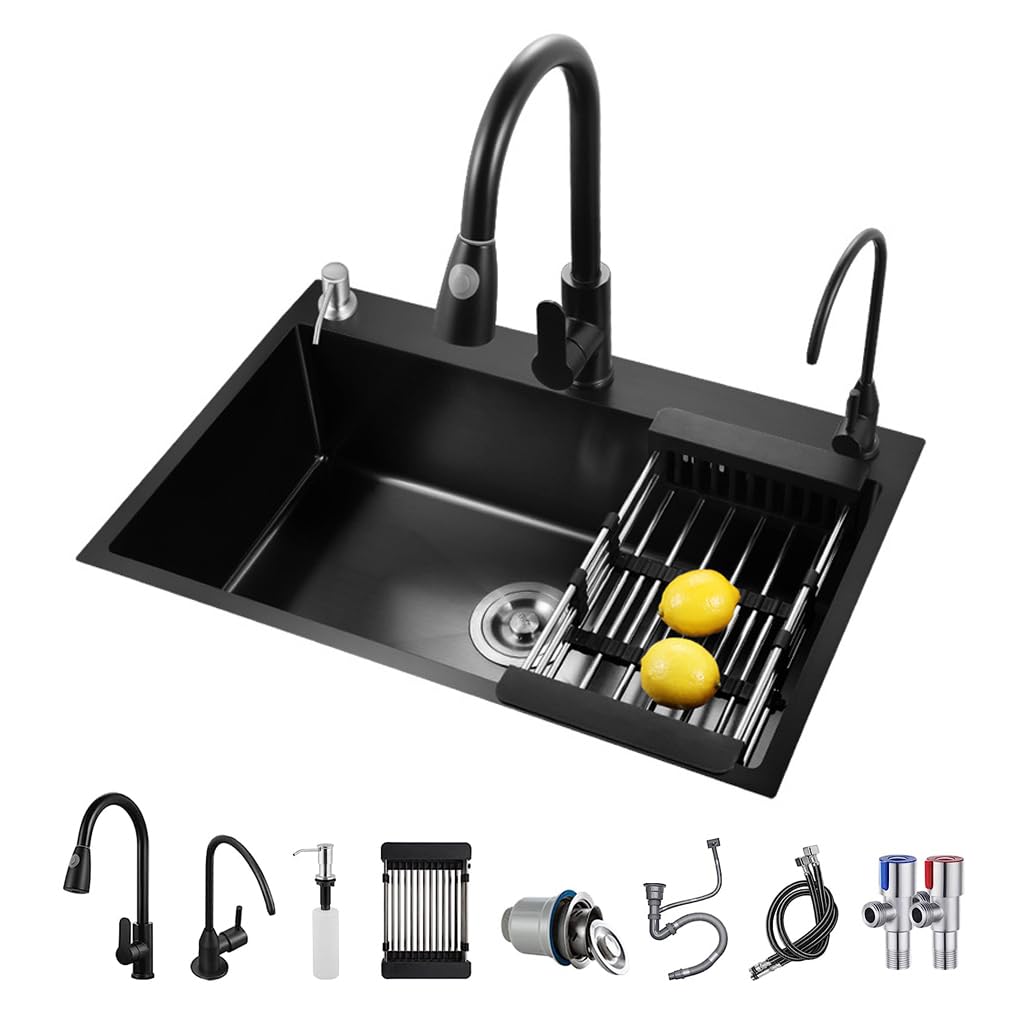 Artline Black Kitchen Sink, Stainless Steel Single Bowl Sink, Drop In/Topmount Workstation Sink With Sliding Accessories, Farmho