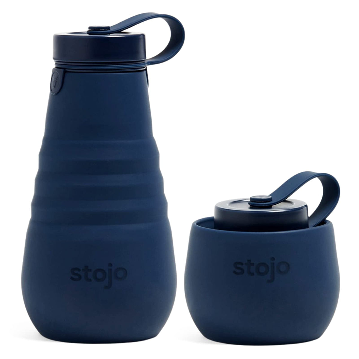 Stojo Collapsible Water Bottle - Denim Blue, 20Oz / 592Ml - Leak-Proof Reusable Silicone Travel Cup For Hot & Cold Drinks - Micr