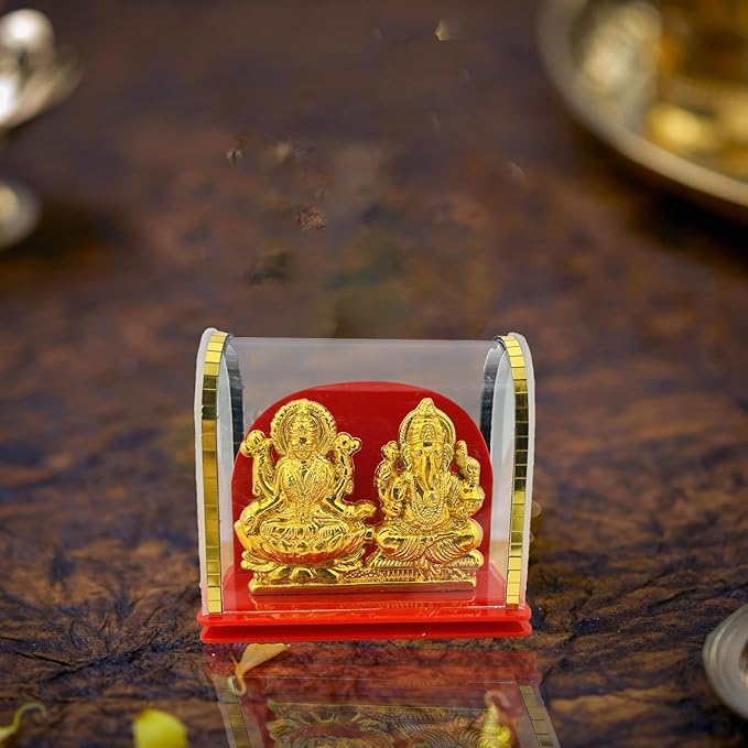 Awesome Craft Goddess Laxmi Ganesh Idol | Status | Murti Gold Polish Acrylic Idol In Glass Box For Home Temple, Office, Car Dash