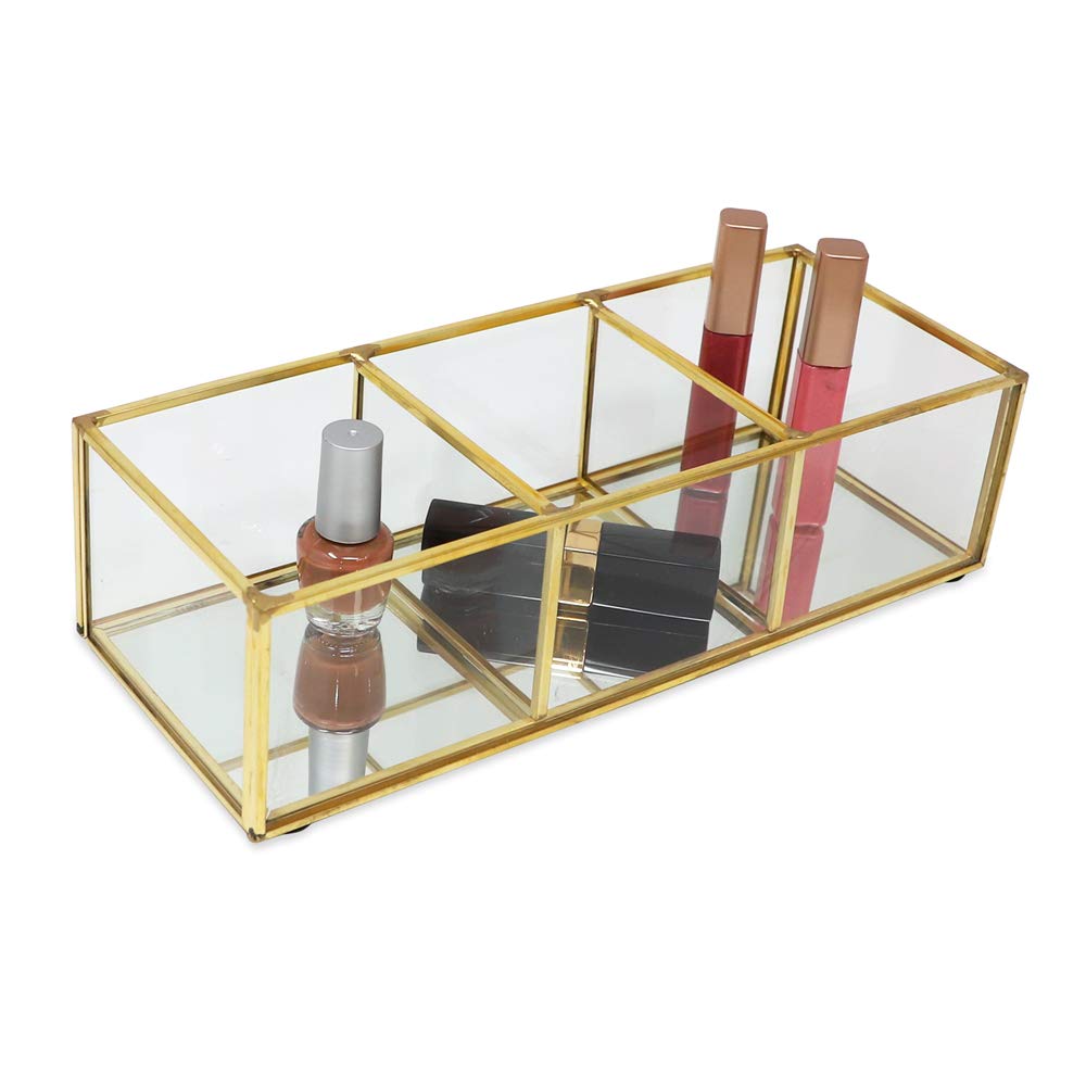 Isaac Jacobs 3-Compartment Vintage Style Brass and Glass Organizer (9.1 L x 3.6W x 2.6 H)  Multi-Sectional Tray & Storage Solution with Mirror Base  for Makeup & More  Bathroom  Kitchen  Office