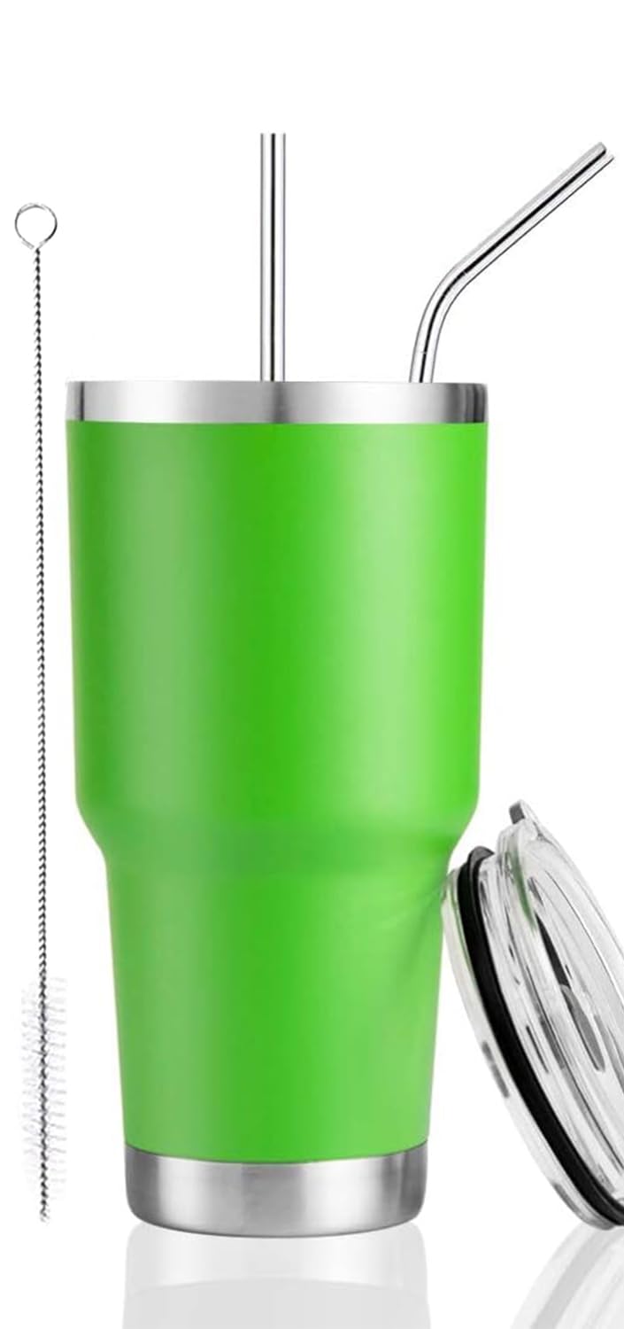 DS 30 oz Green Tumbler Stainless Steel Double Wall Vacuum Insulated Mug with Straw and Lid, Cleaning Brush for Cold and Hot Beve