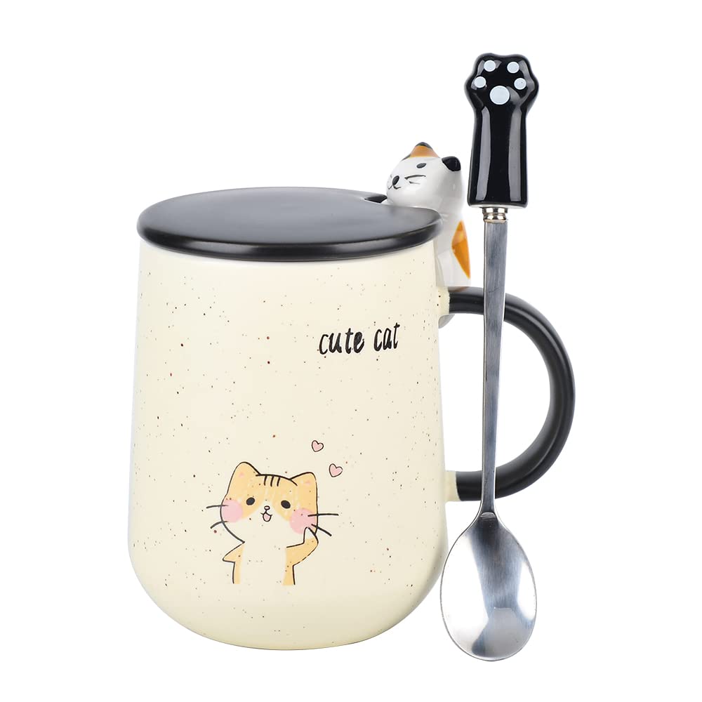 Ceramic Coffee mug,Cute Cat Handmade Tea Cups, with Lid and Stainless Steel Spoon,Unique Hot chocolate Novelty mugs, Christmas,