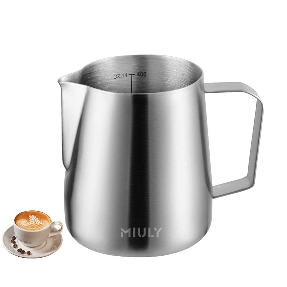 Miuly Milk Frothing Pitcher, 14Oz/420Ml Milk Frother Cup 304 Stainless Steel Steaming Pitcher With Internal Scale, Espresso Acce