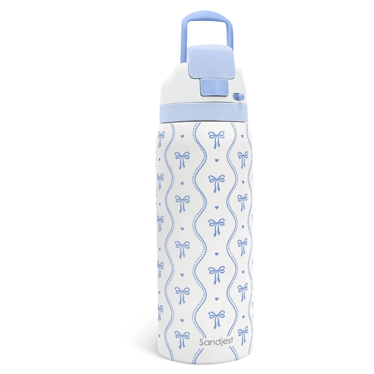 Blue Bow Stainless Steel Water Bottle 32 Ounces, Push Button Lid Double Wall Insulated Leak Proof Travel Bottle for Women Girl T