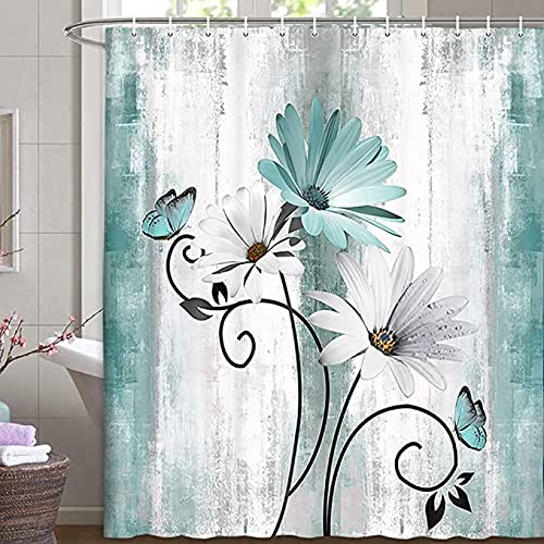 VeiVian Rustic Farmhouse Shower Curtain  Farm Teal Daisy Floral Flowers and Butterfly on Country Wooden Shower Curtain for Bathroom  Turquoise Blue Bathroom Shower Curtains with 12PCS Hooks  70X75IN