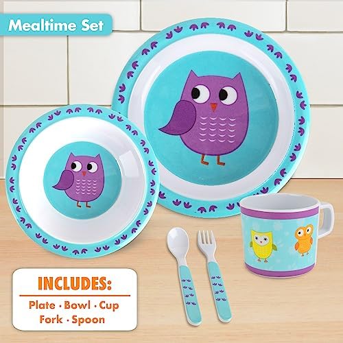 5 Pc Mealtime Baby Feeding Set for Kids and Toddlers - Includes Plate, Bowl, cup, Fork and Spoon Utensil Flatware - Durable, Dis