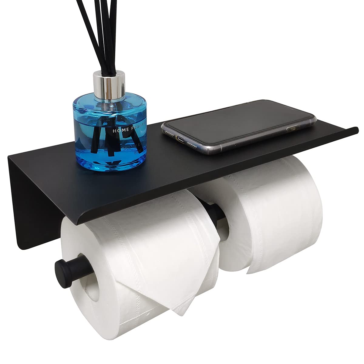 Gzila Double Toilet Paper Holder With Shelf Matte Black Wall Mounted, Dual Large Rolls Tissue Holder Multipurpose Tp Dispenser,