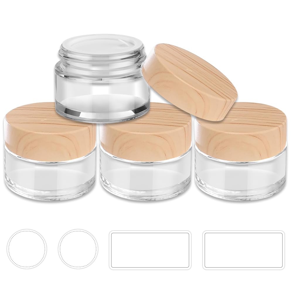 1 Oz Glass Jars With Lids, Small Glass Containers With Plastic Woodgrain Lids & Inner Liners, Reusable Travel Containers For Cre