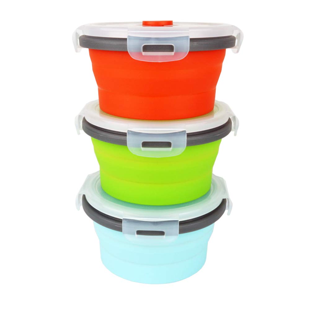 Ecomorning 3Piece Round Collapsible Lunch Container Silicone Food Storage Containers Collapsible Camping Bowl With Airtight Sili
