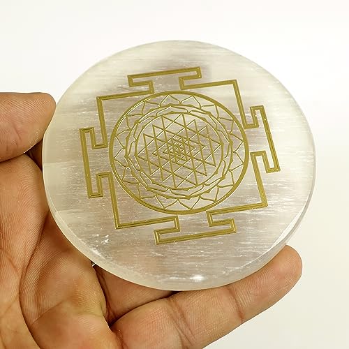 Reiki Crystal Products Selenite Charging Plate Coaster With Shree Yantra Symbol Size 7.6 Cm (3 Inch)