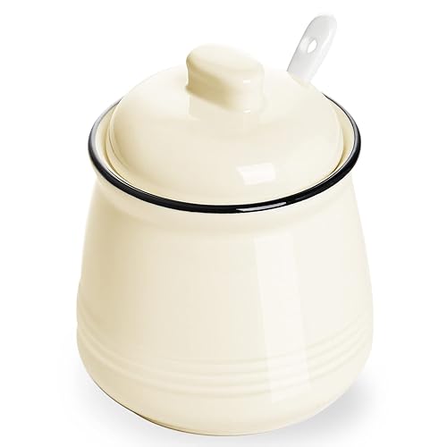 HAOTOP Porcelain Salt Bowl with Lid and Spoon Ceramic Sugar Bowl 12oz (Beige)