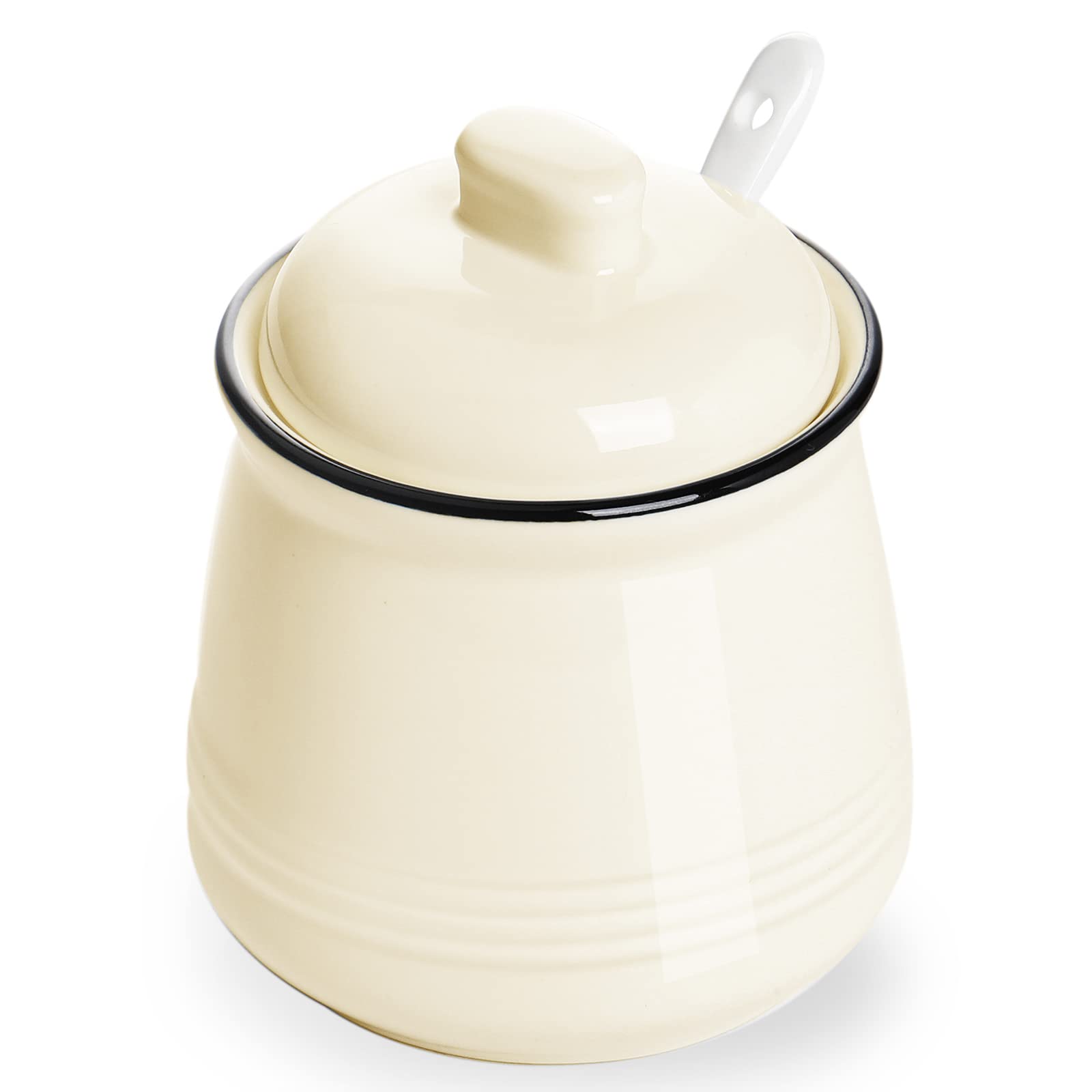 Haotop Porcelain Salt Bowl With Lid And Spoon,Ceramic Sugar Bowl 12Oz (Beige)