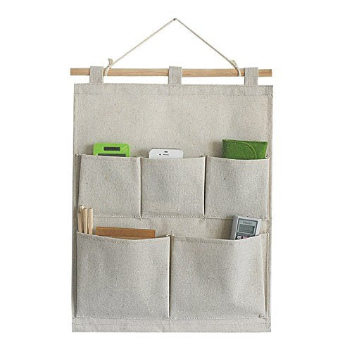 Co-Link Linen/Cotton Fabric 5 Pockets Wall Door Closet Hanging Storage Bag Organizer,13.8'' Wx 17.7'' H (5 Pockets-Beige White)