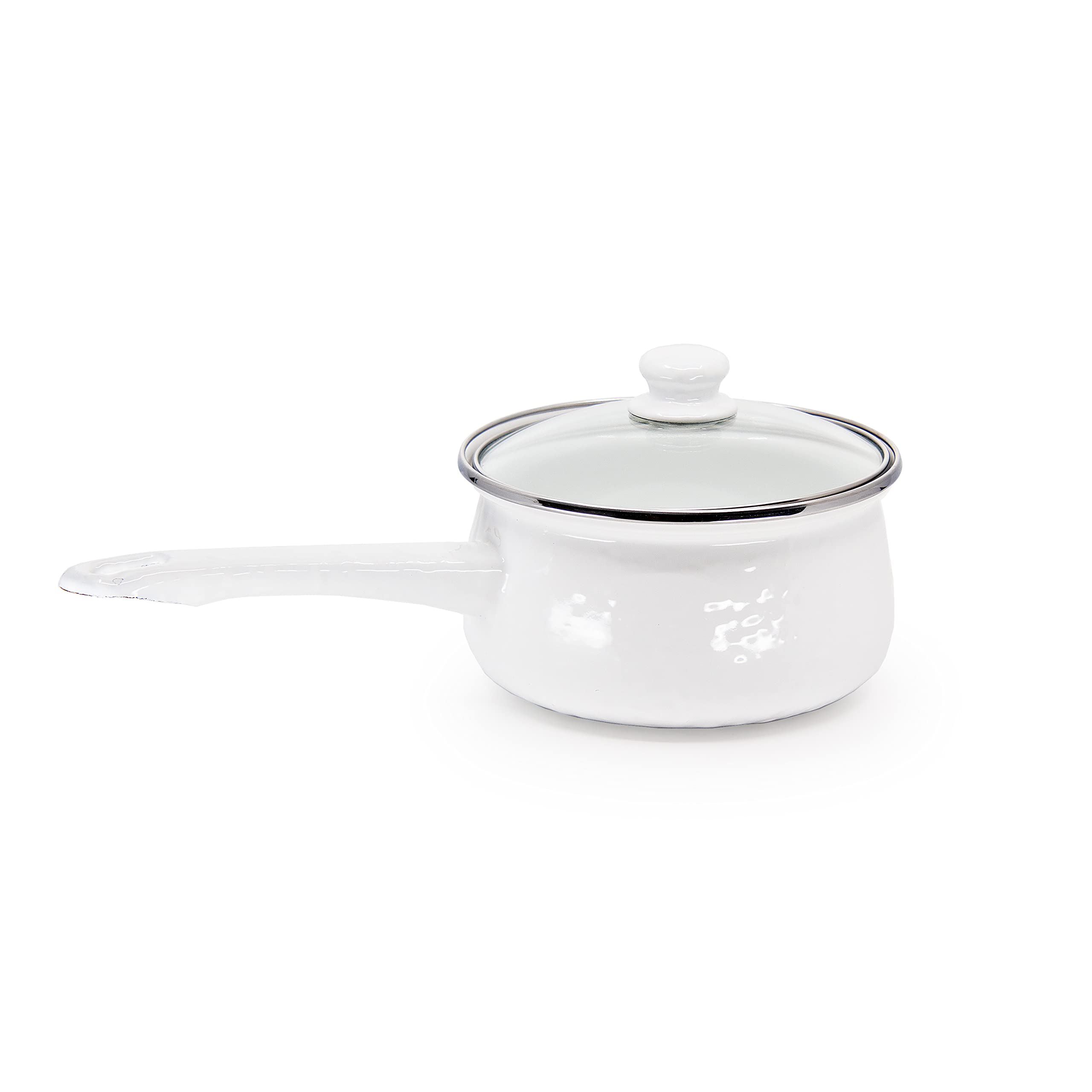 Golden Rabbit Enamelware Sauce Pan with Handle, 5 cup, Solid White Textured