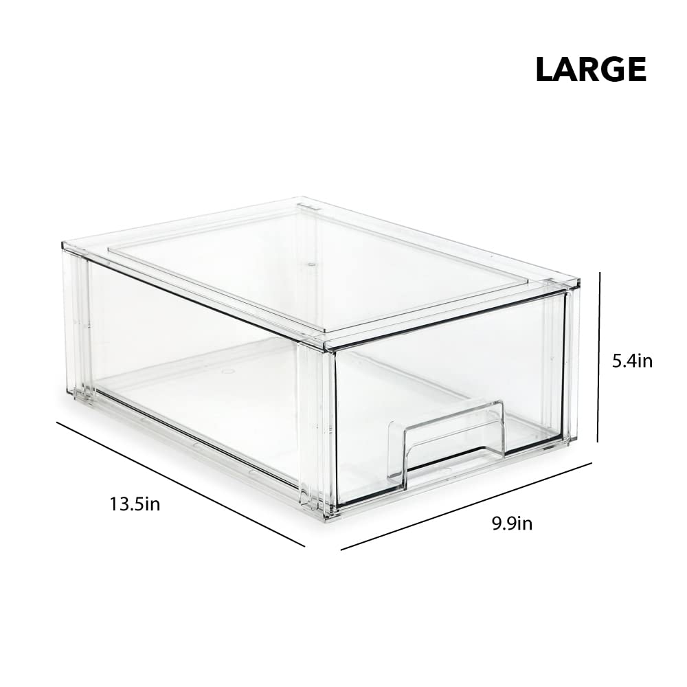 Isaac Jacobs Stackable Organizer Drawer Set (1 Medium, 1 Large), Clear Plastic Storage Boxes, Pull-Out Bins, Home, Office, Close