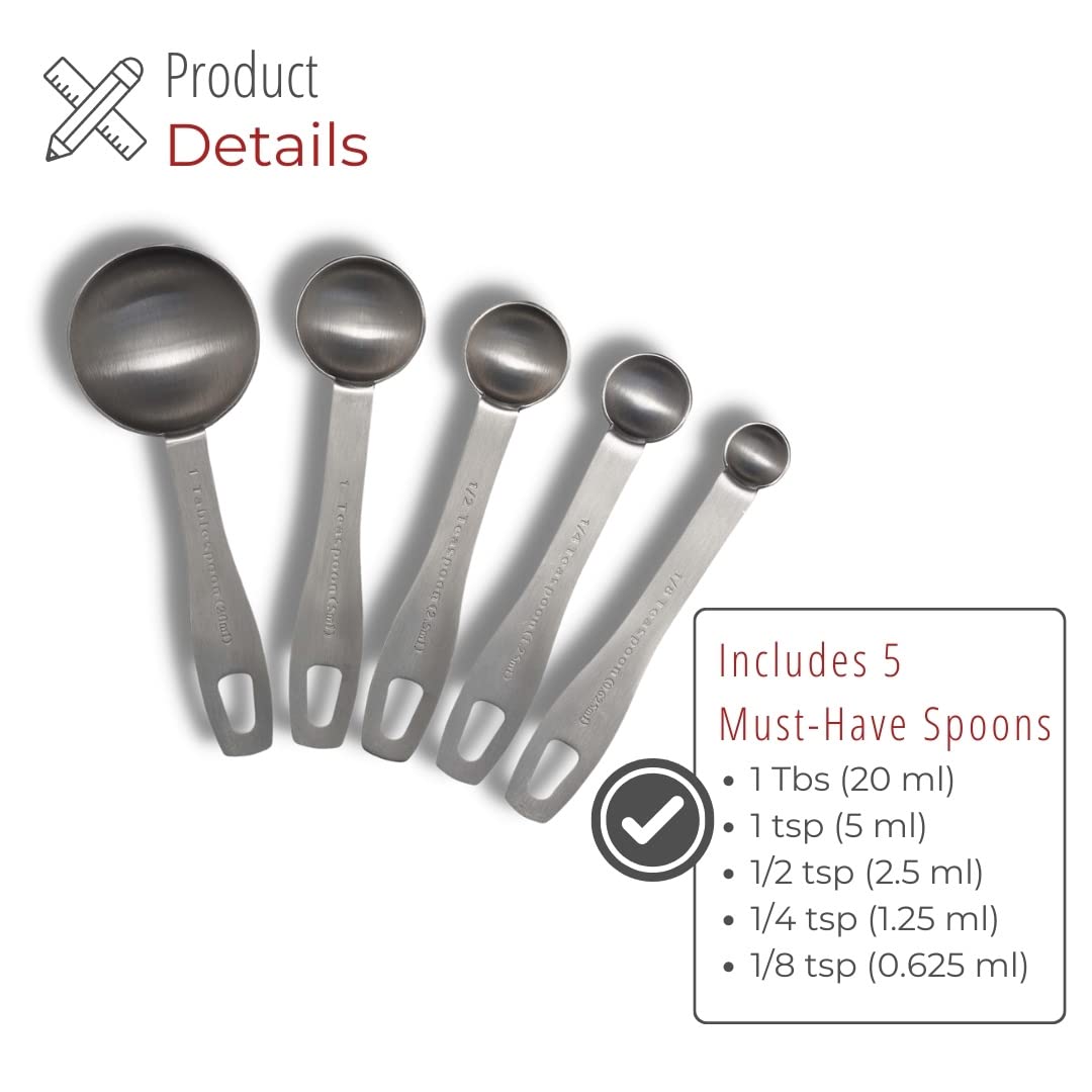 Husmait Stainless Steel Measuring Spoons - 5 Piece Heavy Duty Measuring Spoon Set For Dry Food, Spices Or Liquids