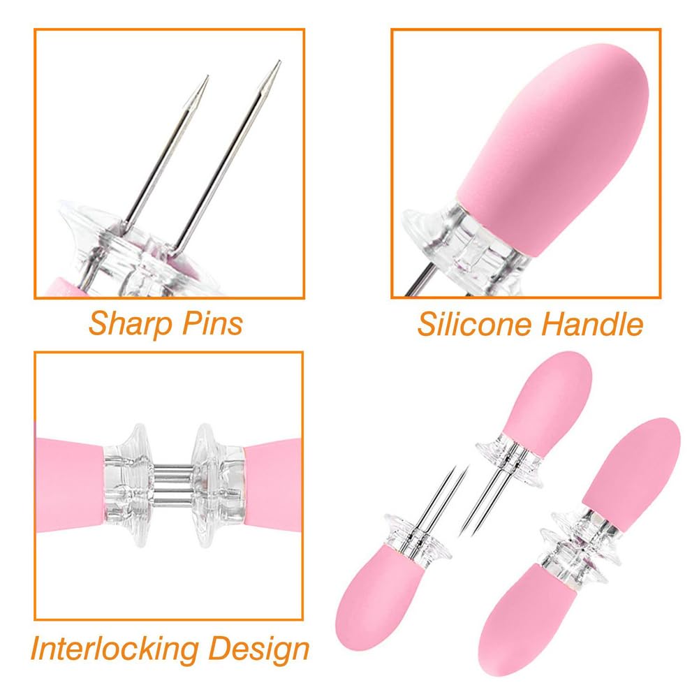 16Pcs/8 Pairs Pink Corn Holders,Peouwnes Stainless Steel Corn Cob Holders Corn On The Cob Skewers, Corn On The Grill, Interlocki