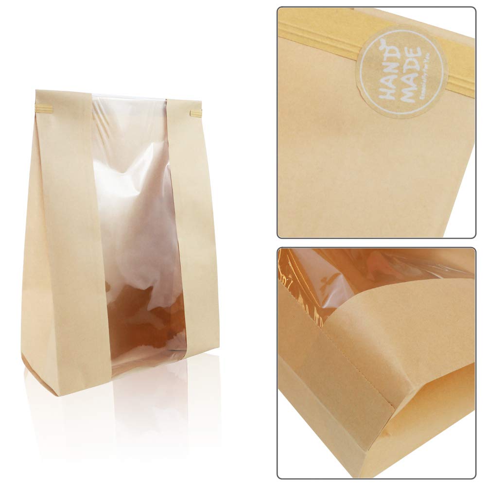 Twdrer 50 Pack Large Kraft Paper Bread Loaf Bag With Clear Front Window,Tin Tie Tab Lock Brown Bakery Coffee Cookie Treat Packag
