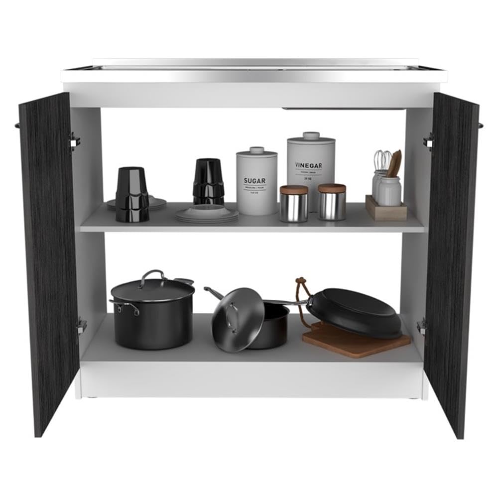 TUHOME Napoles Utility Sink  Two Shelves  Two-Door Cabinet  Countertop- White/Smoky Oak  For Kitchen Room