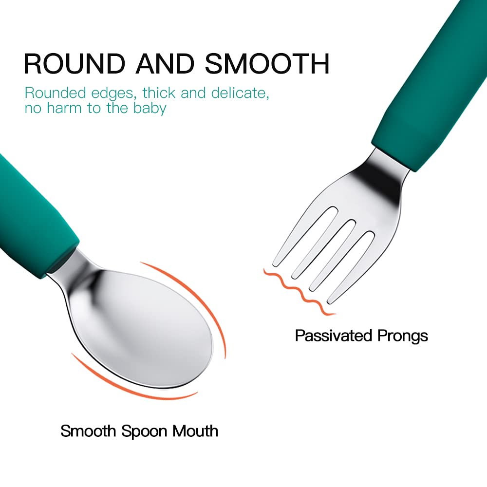 SFCCMM Baby Forks and Spoons Set Baby Training Utensils Self Feeding Toddler Silverware Silicone and Stainless Steel Kids and To