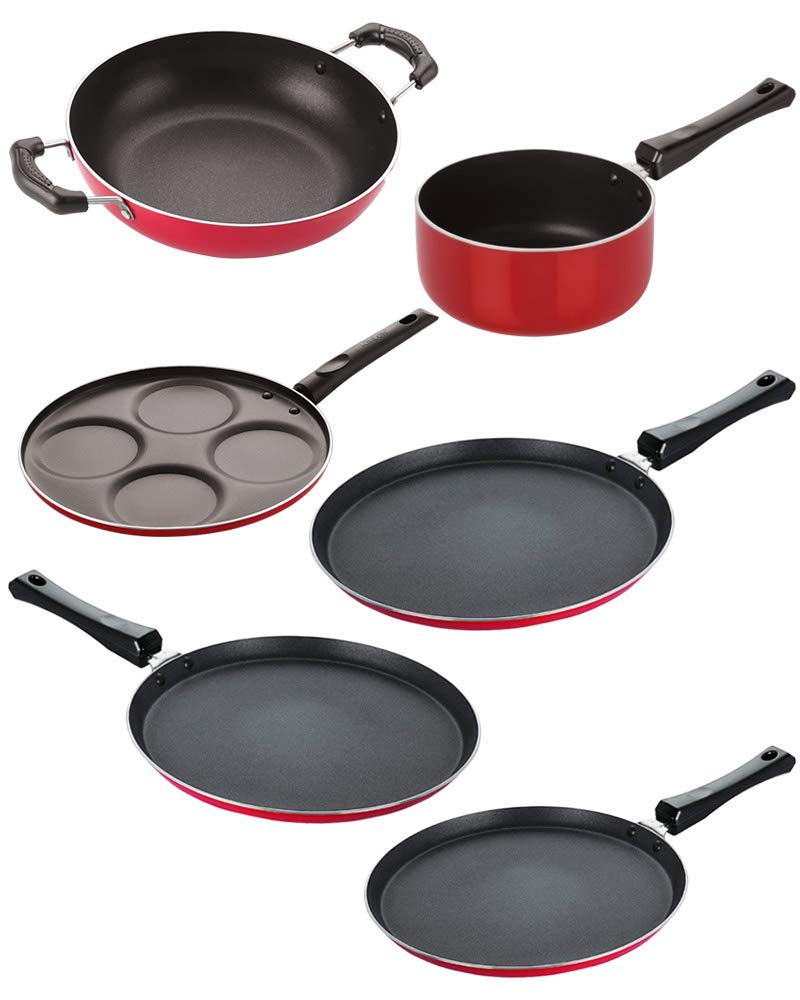 Nirlon Gas Compatible Non Stick Aluminium Cookware Set Of 6 Pieces (2.6Mm_Ft13_Ft12_Kd13_Spb_Ft11_Up4)