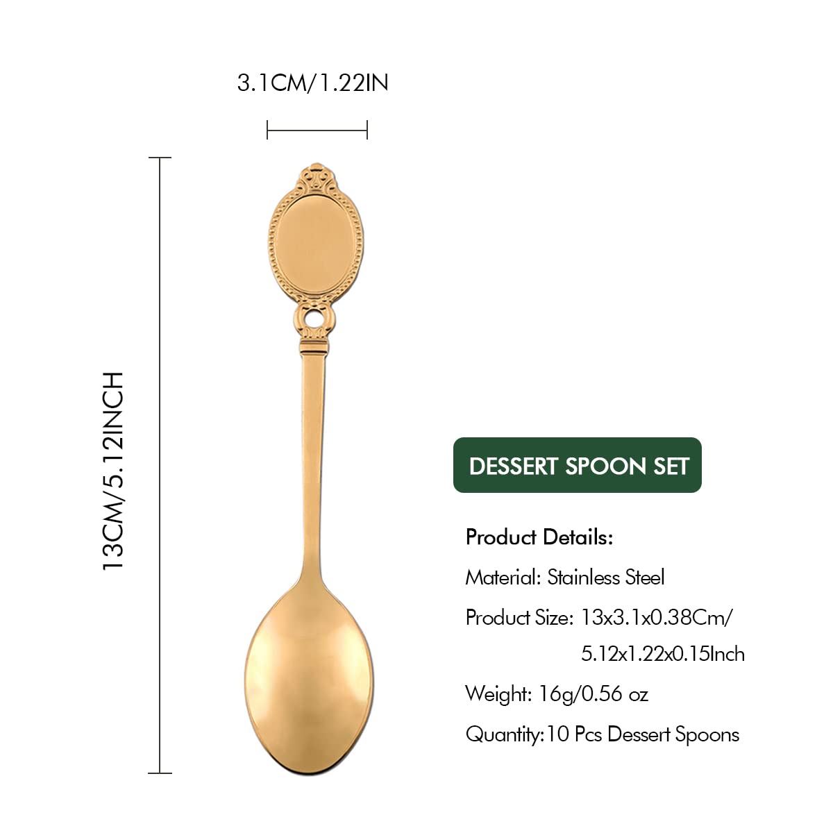 Dessert Spoon Set, 10Pcs Stainless Steel Creative Tableware Coffee Spoon Gold Plated Mini Teaspoons Set Sugar Stirring Ice Cream