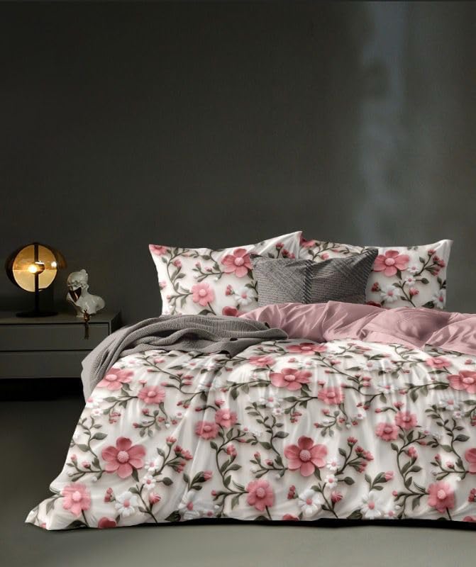 Laying Style 350Tc Floral Cotton Feel Ac Comforter Set King Size Double Bed With 1 Flat Bedsheet With 2 Pillow Covers, 4 Pieces 