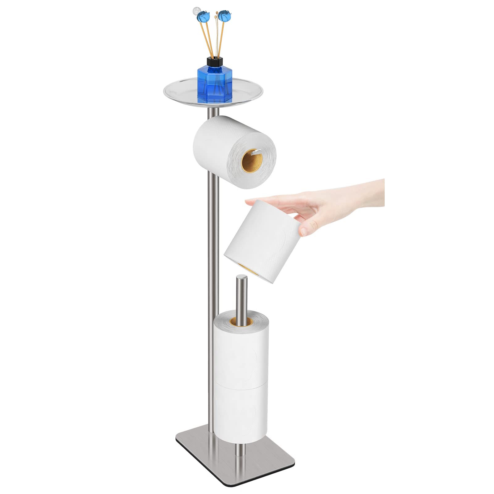FEILERN Toilet Paper Holder Stand for Bathroom Floor Standing Toilet Roll Dispenser Storages 4 Reserve Rolls  with Top Storage Shelf for Cell Phones  Wipe  Wallet and More(Chrome)