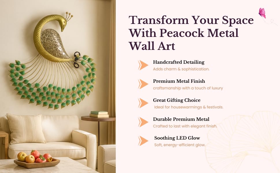 Himmart Hand Crafted Metal Led Peacock Hanging Wall Decor For Living Room Bedroom-56L X 36W Cm