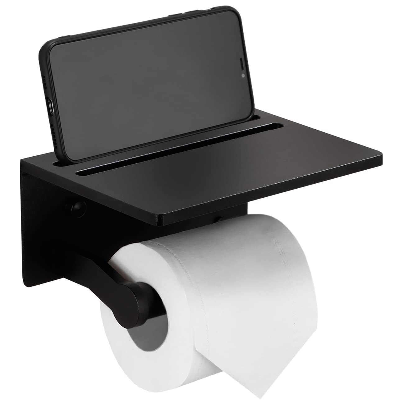 Smarthome Toilet Paper Holder With Shelf, Black Anti-Rust Aluminum Tissue Roll Holder With Mobile Phone Storage Shelf For Bathro