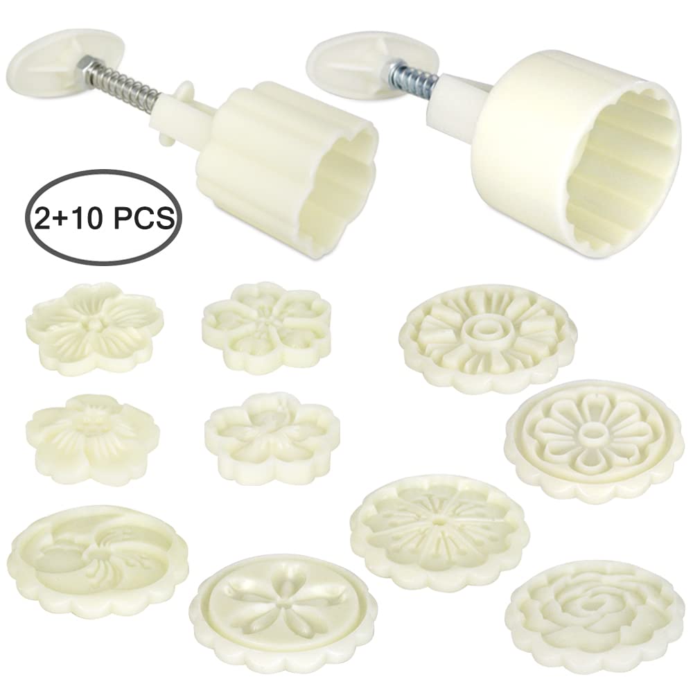 2 Set Mooncake Mould Press With 10 Stamps, Finegood Round Cherry Blossom Mooncake Mould Dessert Decoration For Diy Cookie Hand P