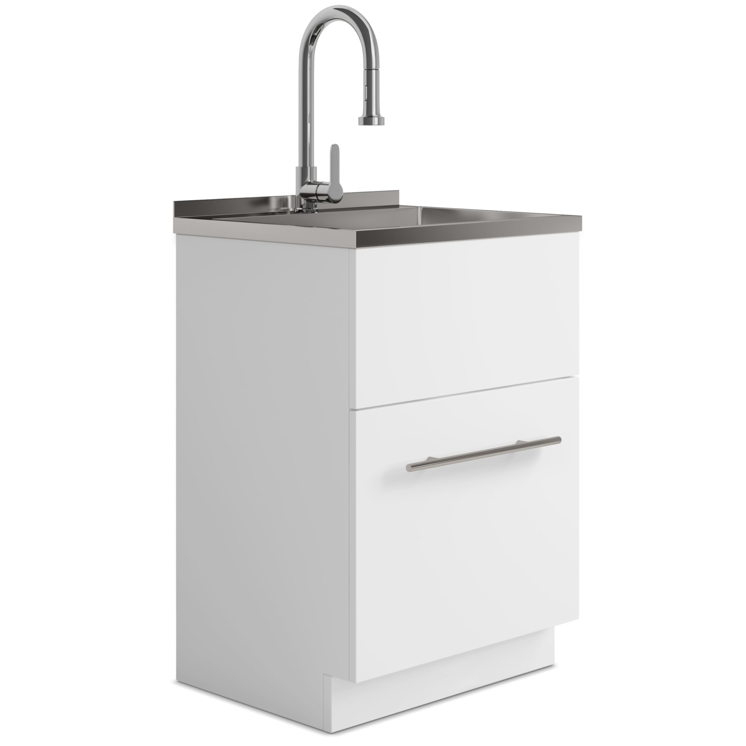 SIMPLIHOME Metro All-in-One 24 inch Wide Utility Sink and Laundry Cabinet in Pure White Finish, Transitional Stainless Steel Sin