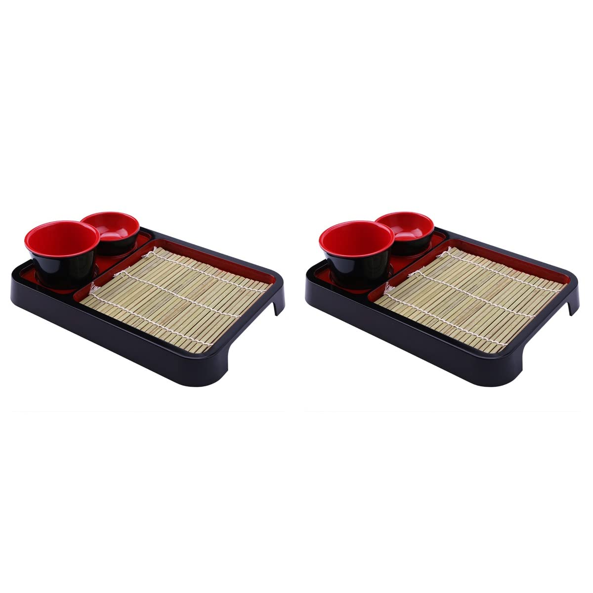 2 Sets Japanese Style Cold Noodle Tray with Bamboo Mat, Rectangular Soba Noodles Plate with Cup and Sauce Dish, 9.84X7.28X2.12In