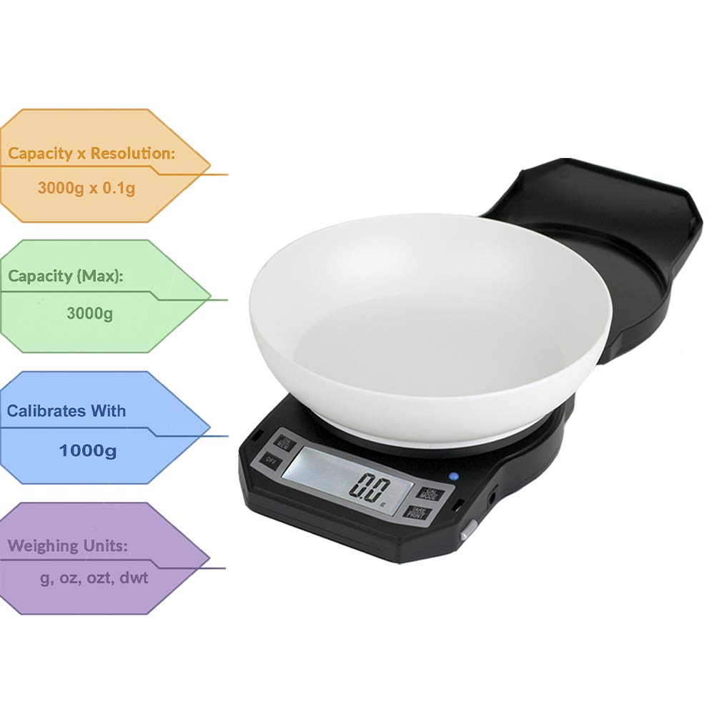 Precision Digital Kitchen Weight Scale, Food Measuring Scale With Bowl 3Kg X 0.1G (Black), Lb-3000 - American Weigh Scales