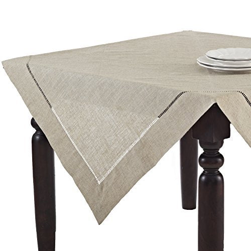 Saro Lifestyle Poly And Linen Blend Toscana Tablecloth With Hemstitch Border, Natural, 65''X140''