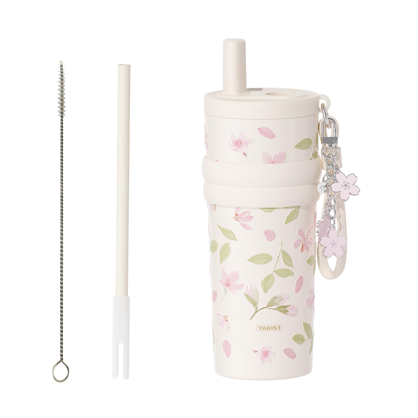 18.5 oz Thermo Cup with Straw, Floral Embossed Designed Car Cup, Vacuum Insulated Stainless Steel Tumbler with Hand Strap, Leakp
