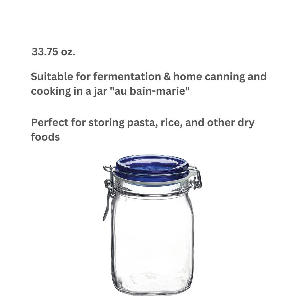 Bormioli Rocco Fido Square Jaw With Blue Lid, 33-3/4-Ounce, 33.75 Ounce, Clear