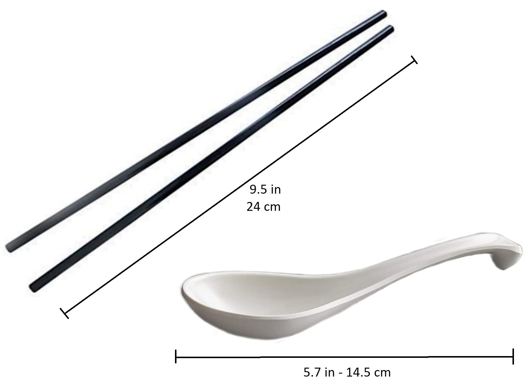 6 White Spoons, 6 Black Chopsticks, By Vallenwood. 12 Pieces Asian Soup Spoons. Not Overpriced. Unbreakable Melamine. Perfect Fo