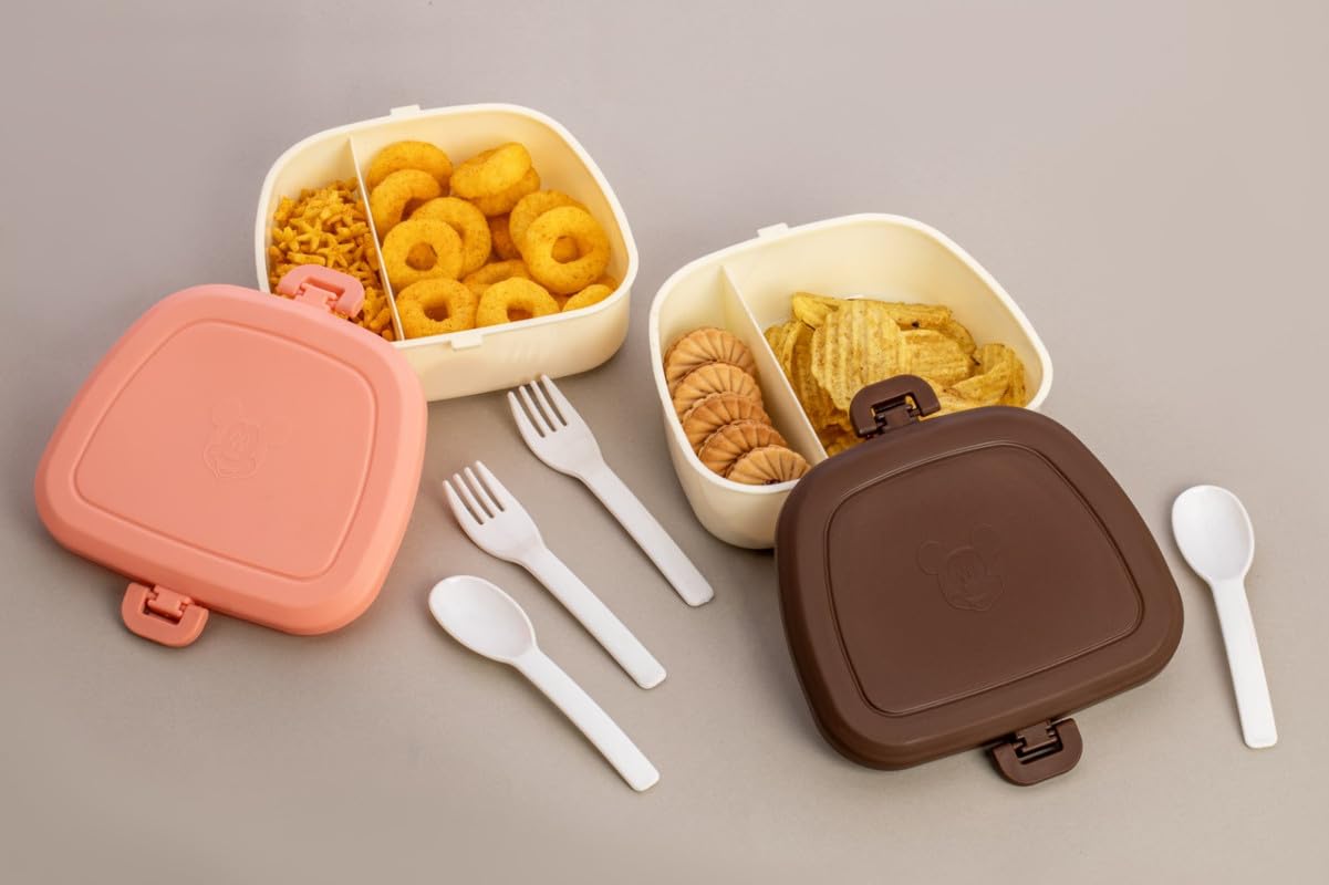 Puno Kids Mickey Lunch Box Set With Partition - Bpa Free Plastic Tiffin Box With Spoon & Fork - Pack Of 2 (Brown & Pink)