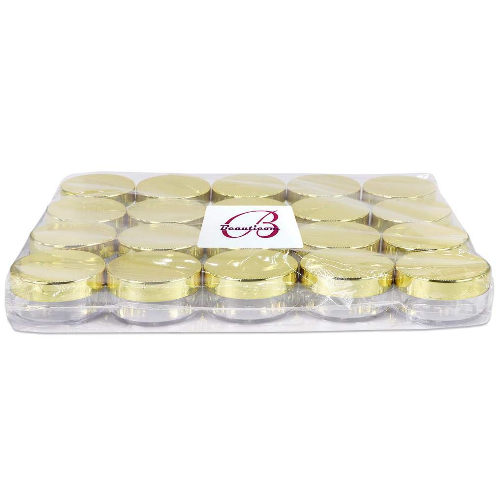 Beauticom 10g/10ml (0.35 Fl Oz) Round Clear Jars with Round Top Lids for Creams  Lotions  Make Up  Powders  Glitters  and more... (Color: Metallic Gold Lid  Quantity: 40 Pieces)