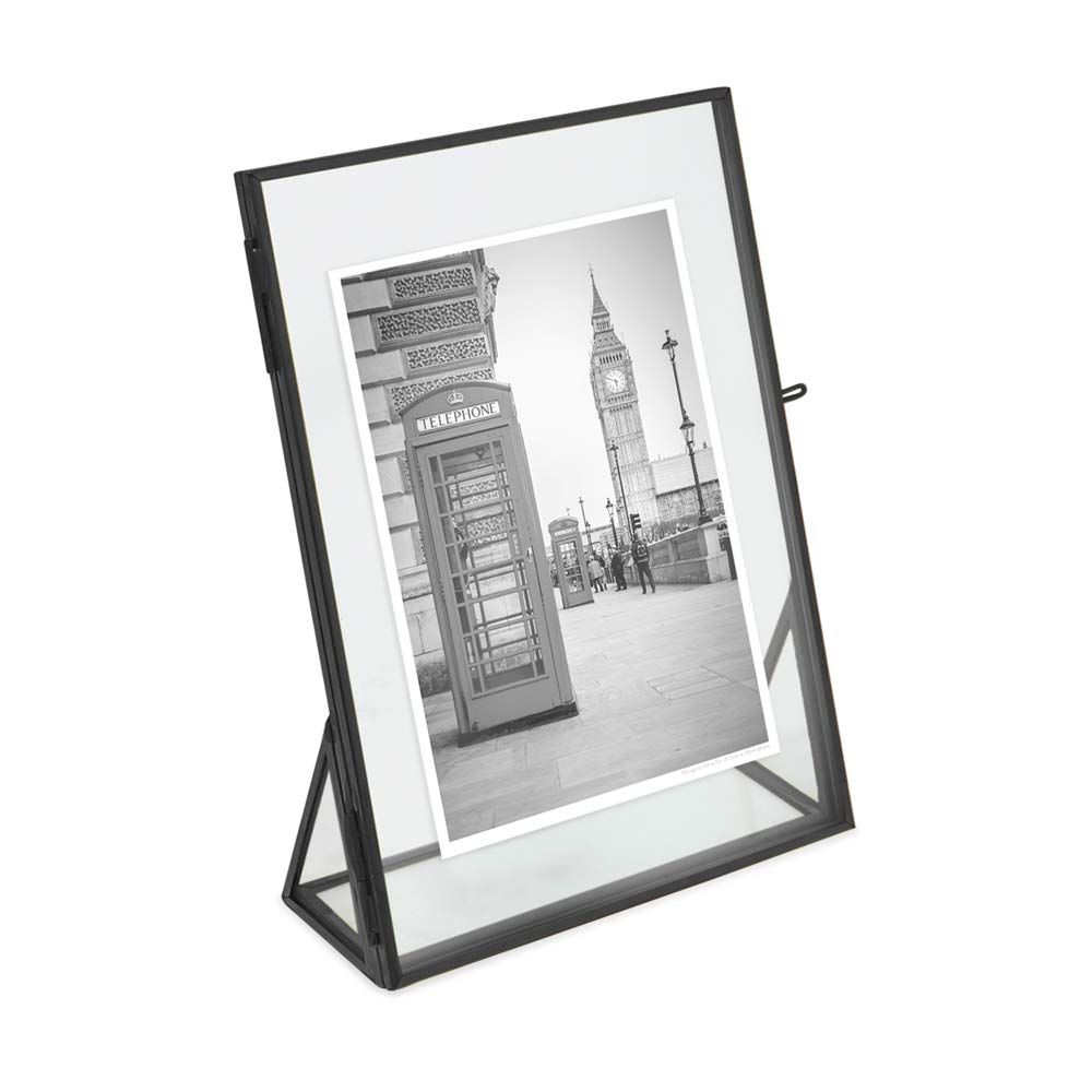 Isaac Jacobs 5x7, Black, Vintage Style Brass and Glass, Floating Photo Frame, Metal, (Vertical), with Locket Closure and Angled 