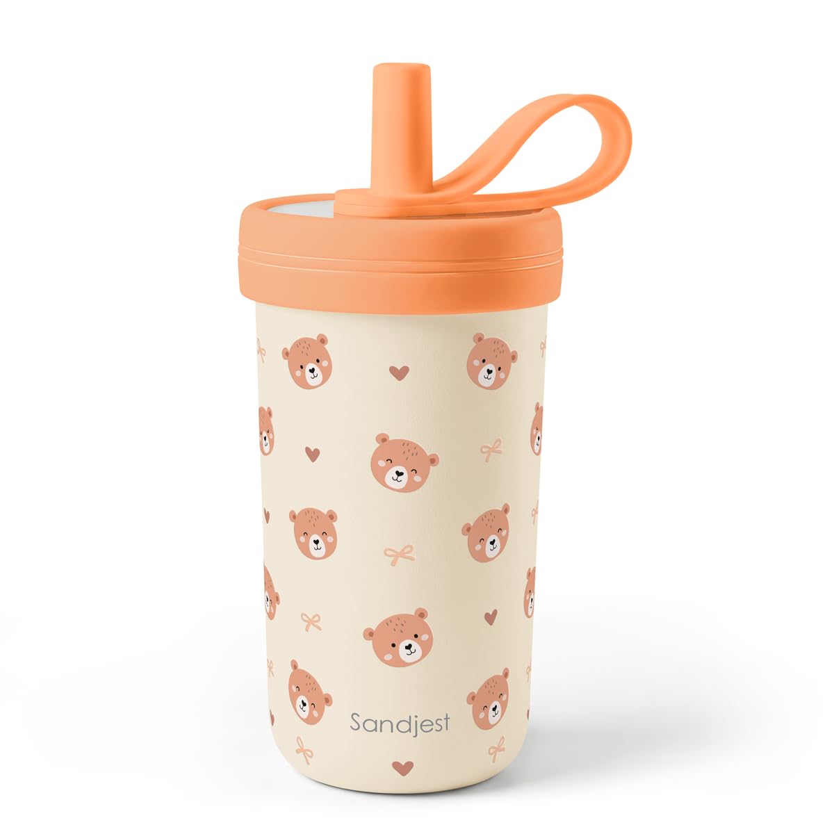 SANDJEST Kids Stainless Steel Tumbler with Silicone Straw 14oz, Bear Insulated Drinking Cup for Children, Girls, Boys for Back T
