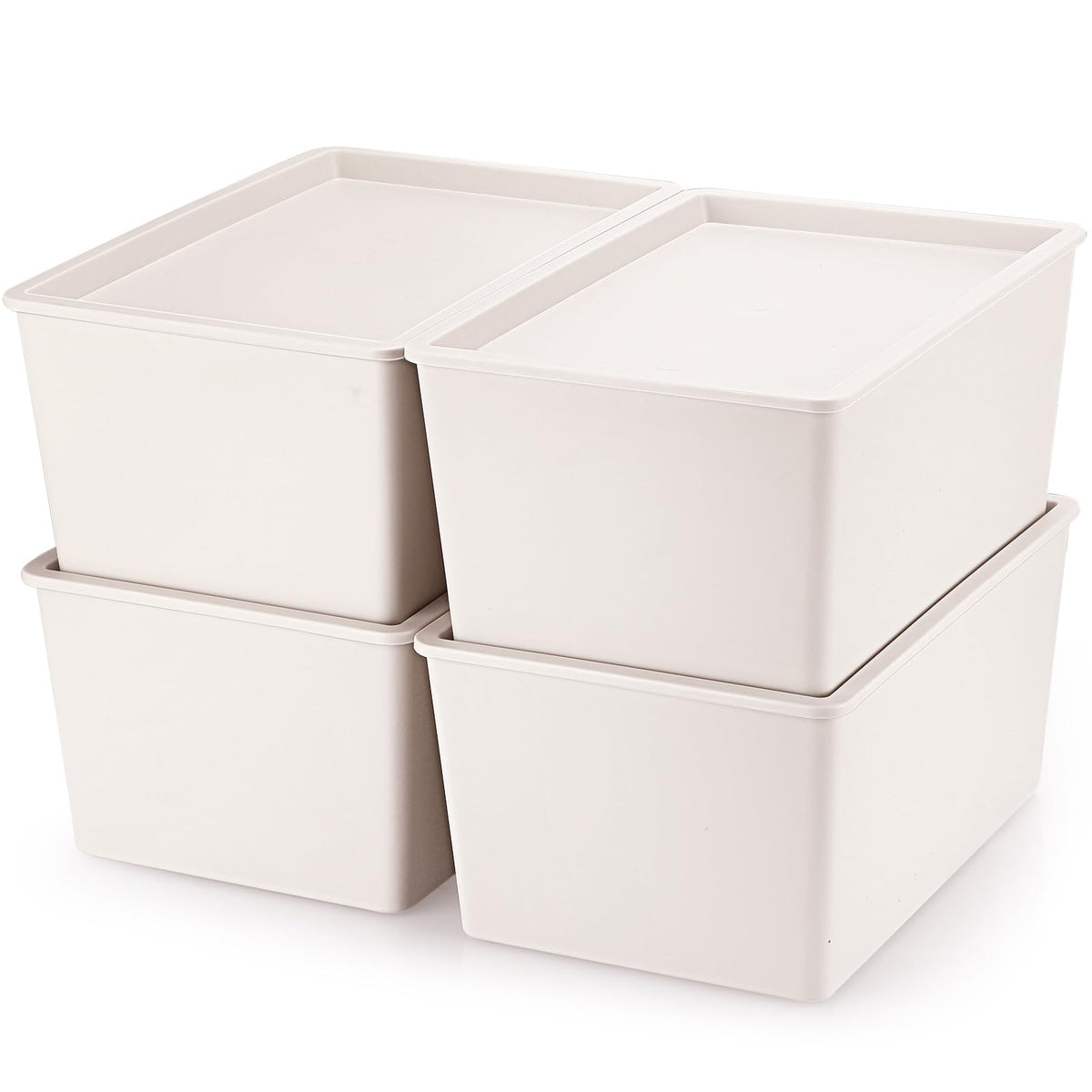Menkxi 4 Pcs Storage Bins With Lids Plastic Storage Containers Stackable Storage Box Baskets For Organizing Shelves (Beige,Small