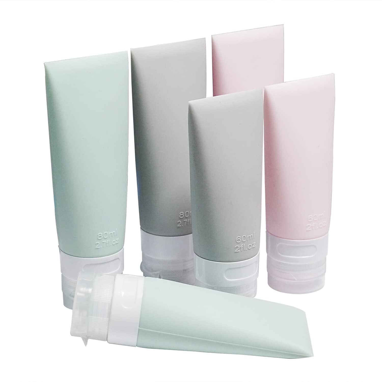 Portable Soft Silicone Travel Bottles Set - 6 Pack Leakproof Silicone Travel Bottles,Cosmetic Toiletry Containers(Pink+Green+Gre