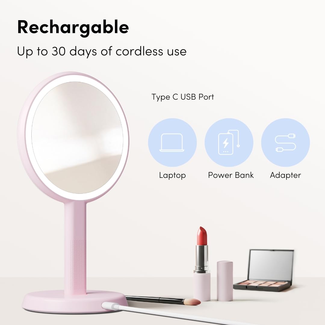 Fancii Cami Handheld Travel Makeup Mirror With Lights, Rechargeable, Extra Large, Double Sided 5X / 1X Magnifying Mirror - 3 Col