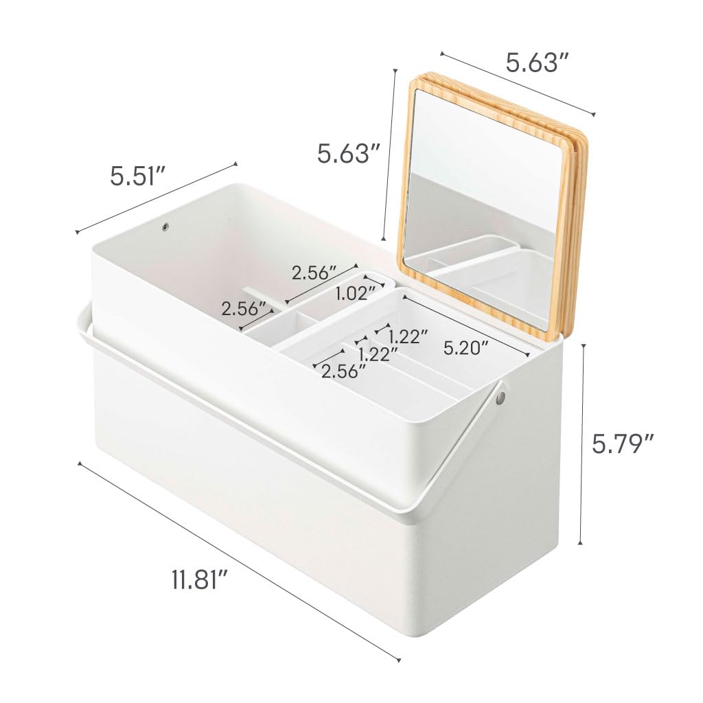 YAMAZAKI Home Tower Large Makeup Organizer Cosmetic Caddy with Handle Vanity Storage Drawer with Lid - Steel + Wood - White