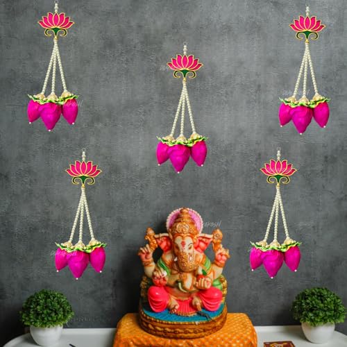 Divyakosh Handmade Lotus Buds Hanging, Pack Of 5, Size 16 Inch, Pooja Room Decoration Items, Solawood Hangings For Mandir, Lotus