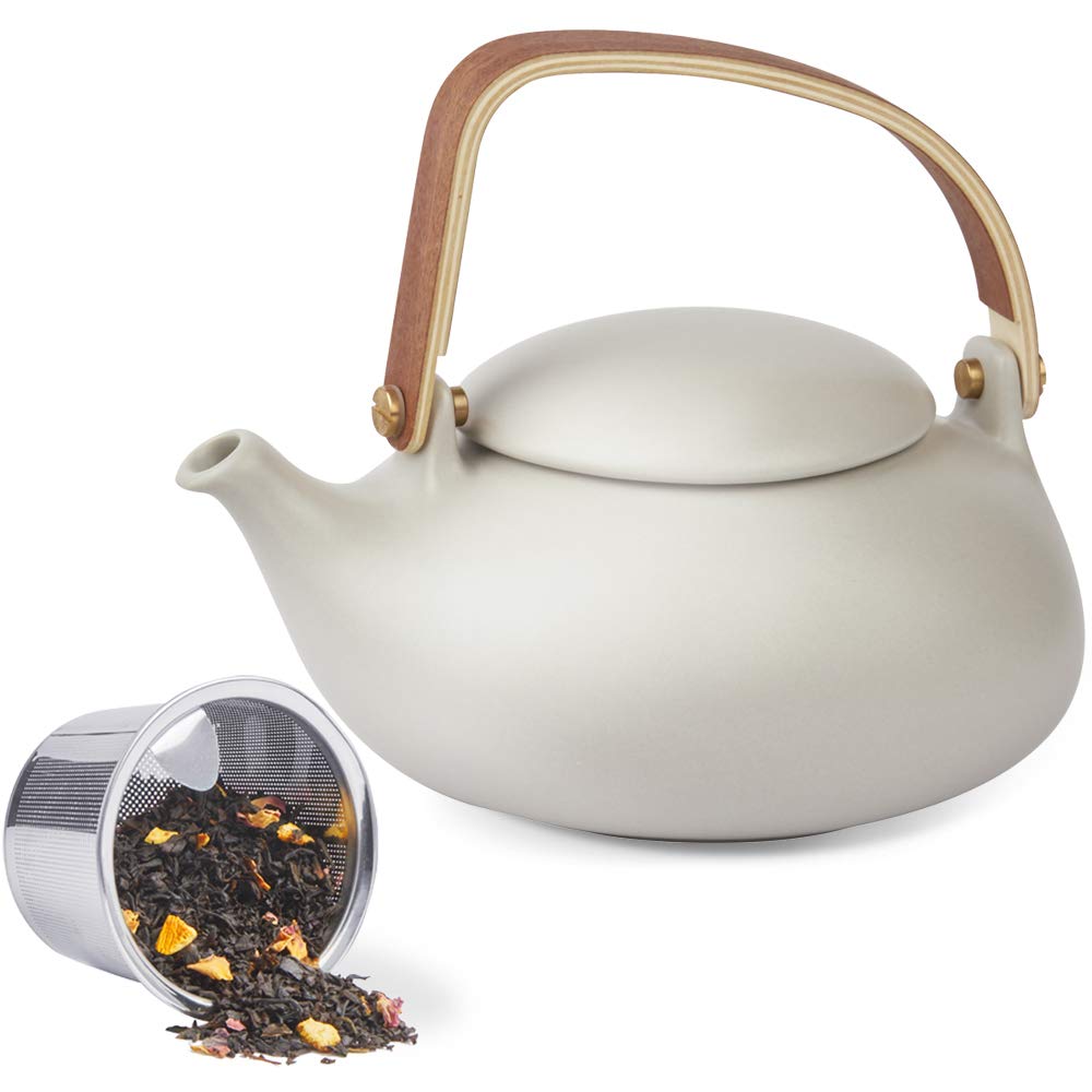 Zens Vintage Japanese Teapot With Strainer, 27Oz Matte Ceramic Loose Leaf Teapot With Infuser For Tea Steeper, Wood Handle Gray